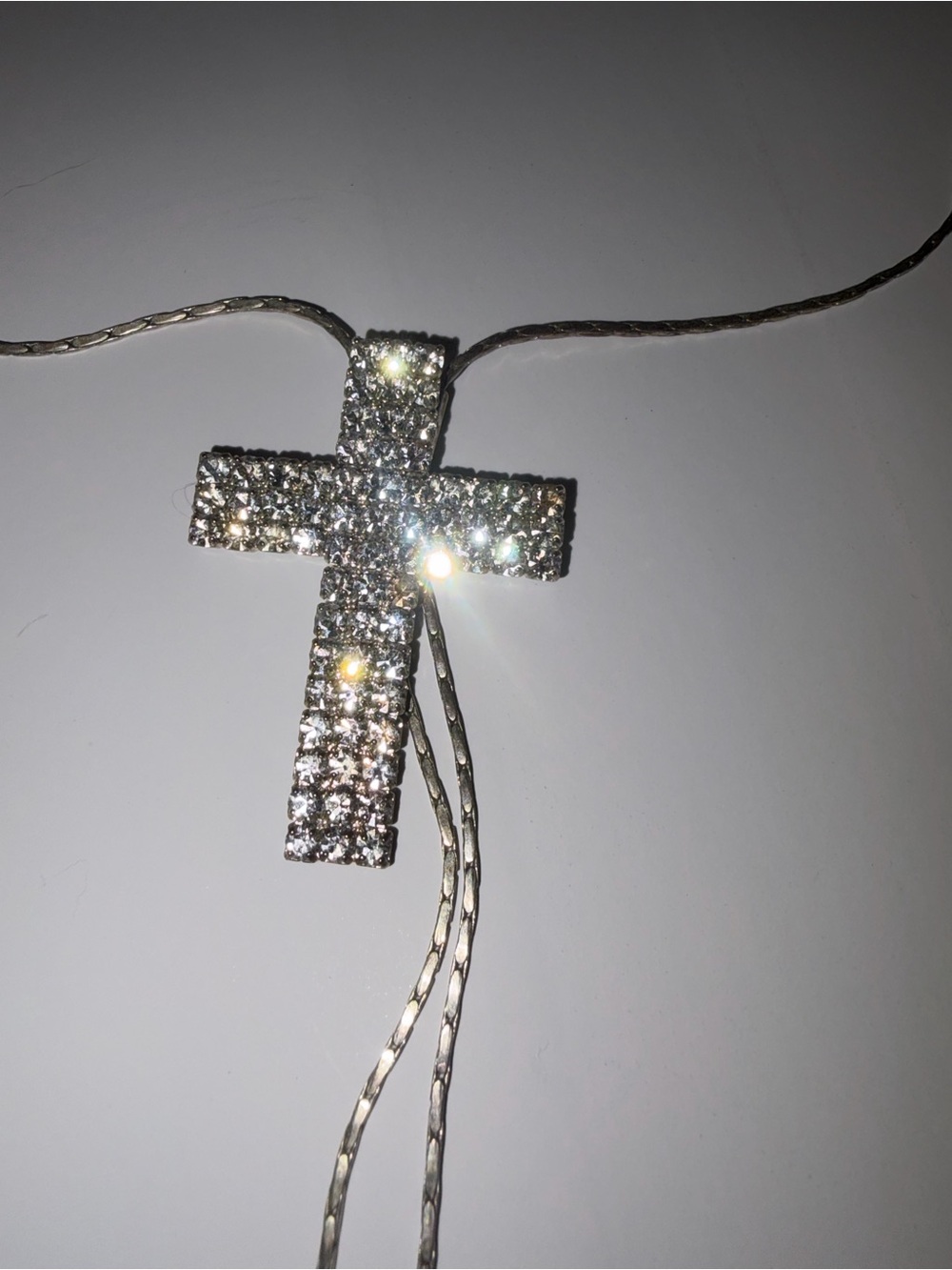 Vintage Y2K Rhinestone Cross Lariat Bolo Necklace Silver Tone Heart Tips Pre2003 - Picture 1 of 5